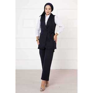 Conjunto de chaleco azul marino para mujer con lazo lateral, elegante conjunto de traje - Product Image 4