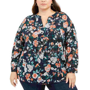 Haut en mousseline de soie bleu marine pour femme Tommy Hilfiger, imprimé floral, col fendu, style décontracté, taille 3X - Product Image 1