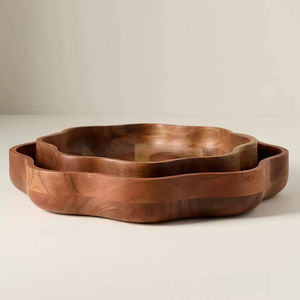 ชามไม้เสิร์ฟอาหารทำมือ ชามสลัดไม้ธรรมชาติ ชามไม้สไตล์บ้านไร่ ถาดไม้แบบเรียบง่าย ภาชนะครัวรักษ์โลก - Product Image 1