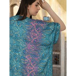 Caftán Largo de Seda Azul Rosa Ombre Paisley # 1626 Trajes de Baño para Mujer - Product Image 2