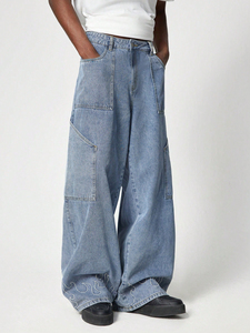 กางเกงขาตรงเอวสูงปานกลางของผู้ชายทรงหลวมดีไซน์มีกระเป๋าหลายใบแบบไม่สม่ำเสมอสีน้ำเงินอ่อนขนาดพลัสไซส์เทคนิคการถัก - Product Image 5