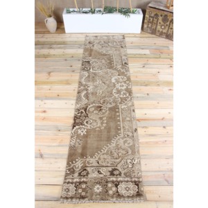 Tapis turc 2,6 x 10 pieds, tapis de couloir vintage, tapis marron à motifs floraux - Product Image 1