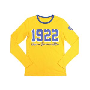 Sigma Gamma Rho SGRho 1922 a maniche lunghe t-Shirt in 100 di cotone Glitter in oro con lettere greche stampate da donna - Product Image 1