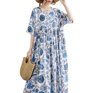 025ชุดเดรสแขนสั้นผ้าฝ้ายวินเทจสำหรับผู้หญิงชุดเดรสลำลองสีเขียวตัวหลวมเสื้อผ้าหรูหรา - Product Image 1