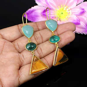 Venta al por mayor 925 plata esterlina fina Clip-on pendientes con aguamarina Calcedonia apatita citrino piedras preciosas diseño colgante - Product Image 1