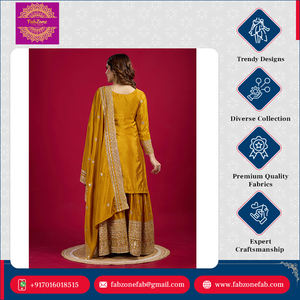 Trabajo de secuencia de bordado pesado elegante de alta calidad Nuevo Chinnon Silk Listo para usar Conjunto de Sharara Kurti completamente cosido con Dupatta - Product Image 6