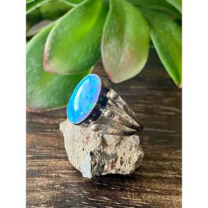 Navajo Made Blue Opal & <b>Sterling</b> <b>Silver</b> <b>Ring</b> Size 5.75 Rhodium Plated Everyday Wear Gemstone <b>Ring</b> with Bezel Setting - Product Image 4