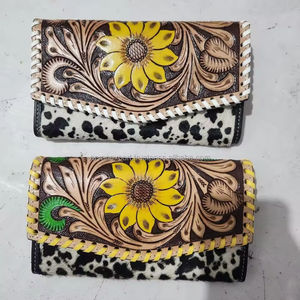 Portefeuille sculpté usiné à la main pochette coque de téléphone élégant fleur de soleil couleur jaune portefeuille pour femmes multi-usages portefeuilles en cuir occidental - Product Image 3