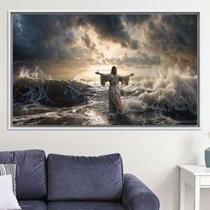 Jesus Walking on Water <b>Canvas</b> Spiritual Wall Art, Ocean Storm & Light,WHITE <b>FRAMED</b> <b>CANVAS</b> - Product Image 1