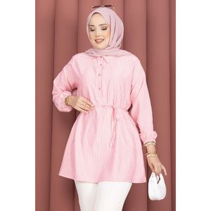Blusa de Mujer con Detalle de Encaje a Rayas, Color Rosa, Tejido de Popelina, Talla XL, Corte Holgado, Estilo Informal para Oficina, Método de Tejido Tejido, Primavera - Product Image 2