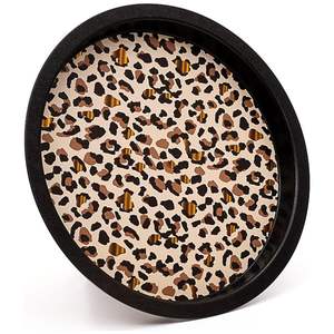 Grand plateau décoratif rond à motif léopard doré Ø 315 mm Plateau de service en bois pour servir les aliments - Product Image 1