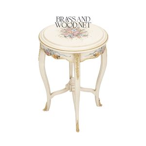 Mesa Auxiliar Redonda de Lujo Color Crema con Ramo Floral Pintado a Mano y Detalles en Latón Dorado para Decoración de Esquinas en Hogares Neoclásicos - Product Image 4