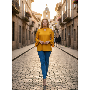 Top chic en mousseline de soie jaune pour femmes coréennes avec manches à volants et col en V - pour le printemps/été - taille XL - Product Image 1