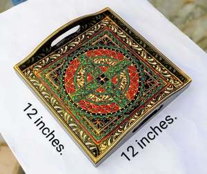 Bandeja de servicio de madera pintada a mano de forma cuadrada Swati Art, bandejas pintadas a mano Swati, bandeja grande pintada a mano - Product Image 4