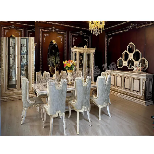 Cadeiras e mesa de jantar de madeira estilo Fusion, pernas finas, design clássico, conjunto de mesa de jantar estilo italiano, 8 lugares