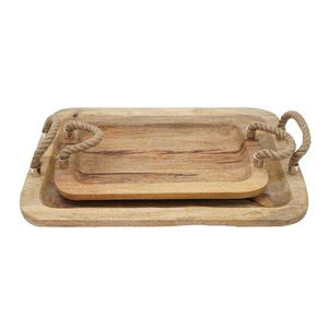 Ensemble de plateaux de service rectangulaires en bois faits à la main avec poignées en corde, plateau en bois pour la cuisine, la salle à manger, le ramadan et la décoration de la maison - Product Image 3
