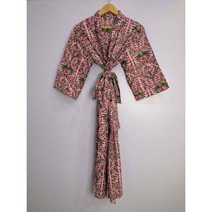 Robe Kimono Bohème Imprimée à la Main en Pur Coton, Style Indien, pour la Plage ou comme Cache-maillot, Motif Feuille Verte Rose - Product Image 6