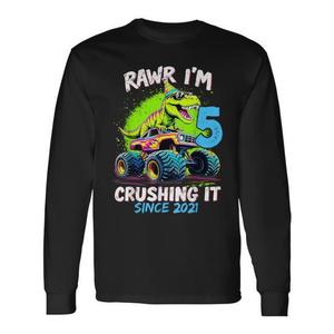 Maglietta per compleanno 2021 per bambino di 5 anni, design con dinosauro e monster truck, a maniche lunghe, per ragazzi nati nel 2021 - Product Image 1