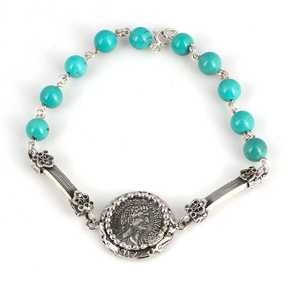 925 Sterling Silver <b>Charm</b> Bracelet with Turquoise Stone and Greek Coin Design Religious Style Stainless Steel <b>Bangles</b> Gift - Product Image 1