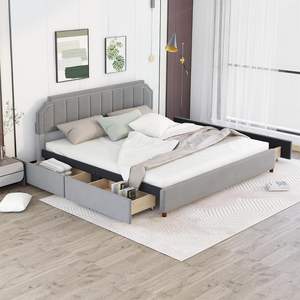 Modern <b>King</b>-<b>Size</b> <b>Wooden</b> <b>Bed</b> Upholstered Velvet Fabric Strong Wood Slats Support 4-Drawers Platform <b>Bed</b> <b>Frame</b> Tufted Headboard - Product Image 1