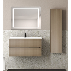 Armadietto in resina di quercia da 100 cm specchio in stile argilla con composizione da bagno a colonna - Product Image 1