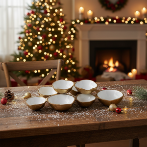 Ensemble de 8 bols modernes en aluminium moulé émaillé, écologiques, avec bords organiques, finition blanc/or, pour la décoration intérieure et la vaisselle de cuisine - Product Image 3