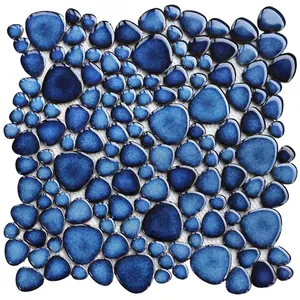 Azulejo de mosaico de guijarros de porcelana azul brillante, 5 hojas para suelo de ducha y acabado luminoso de pared para sala de estar - Product Image 1