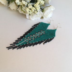 Turquoise <b>Green</b> Long Bead <b>Earrings</b> Fringe <b>Earrings</b> Native <b>Earrings</b> - Product Image 2
