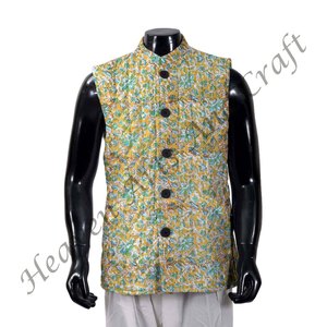 Chaqueta acolchada hecha a mano para hombre, diseño de algodón Floral sin mangas, lavable a mano, estilo bohemio, chaqueta de algodón con estampado de bloques - Product Image 6