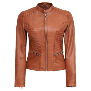 Women's Brown Quilted Faux Lambskin Leather Bomber Motorcycle Jacket <b>Zipper</b> Closure Breathable Regular Fit Customizable (XXS) - Product Image 2