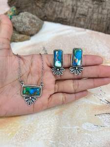 Handmade Sterling Silver <b>Peacock</b> Dahlia Necklace Earrings Set Unique Floral Artisan Style <b>Jewelry</b> with Gold Plating Gift for Her - Product Image 3