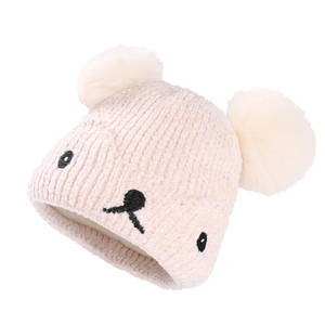 Gorro de punto de Otoño Invierno para bebés, niñas, niños, Bola de piel de oso de alta calidad, Pompón, lindo patrón de dibujos animados, gorro de lana cálido para niños - Product Image 1
