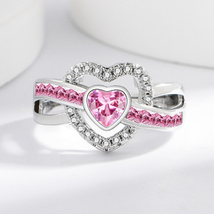 Anello a Cuore in Ottone Placcato Argento con Zircone Rosa, Regolabile, Gioiello di Lusso per Donne - Product Image 2