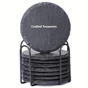 Ensemble de sous-verres en vrac d'ardoise ronde de gravure antidérapante d'ardoise noire de marbre avec le café épais carré naturel de support en métal - Product Image 1