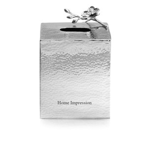 Caja de metal de color blanco con aspecto atractivo de forma pequeña con flores chapadas en oro, soporte y caja de papel de seda de diseñador al precio más bajo - Product Image 5