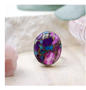 Bague Turquoise Naturel Kingman Rose Dahlia Multicolore Turquoise Rose Spiny Oyster Bague en Argent Sterling Fait Main - Product Image 5