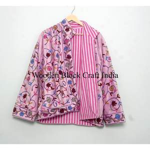 Abrigo Corto Informal de Terciopelo con Bordado Suzani para Mujer, Estilo Bohemio Floral, Moda Urbana, 100% Algodón, Cuello Alto Abierto - Product Image 4