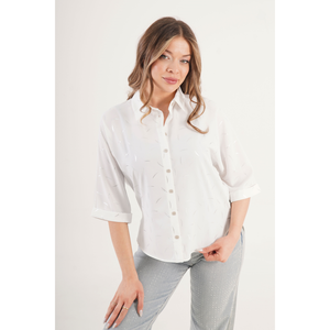 Blusa de Poliéster Blanca con Estampado y Manga Media para Mujer LUSTRIN - Top Informal de Corte Holgado para Uso Diario - Product Image 1