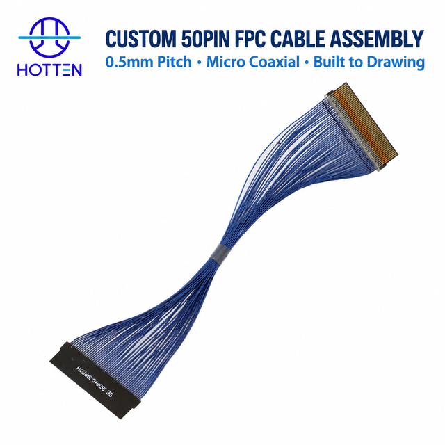 Hotten Custom 50 Pin 0.5mm Pitch FPC Micro Coaxial Cable Assembly for Laptop LCD Display