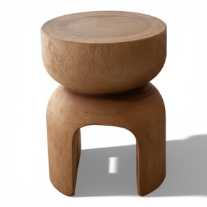 Taburete de Madera de Suar Maciza, Tallado a Mano, Ecológico, Duradero, con Acabado Natural Escultural, Reposapiés de Madera de Monkeypod, Moderno - Product Image 1