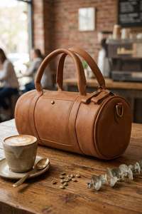 Black Genuine <b>Leather</b> Barrel <b>Bag</b> With Ruffles Buckle Closure Minimalist Design Unisex Daily Use - Product Image 2