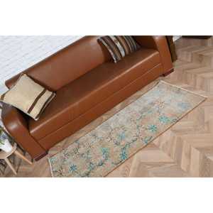 Alfombra Vintage de 2.1x5.2 pies, Alfombra Turca Pequeña, Alfombra de Lana con Borde Azul - Product Image 5