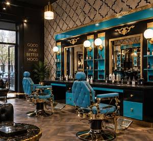 Fauteuil de Barbier en Similicuir PU Bleu avec Pompe Hydraulique, Hauteur Réglable, Utilisation Commerciale Traditionnelle en Salon, Repose-Pieds Réglable - Product Image 1
