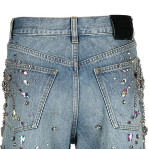 Pantalones Cortos Vaqueros Baggy de Mezclilla Desgastada con Estampado Completo Personalizado, Lavado Ácido y Diamantes de Imitación para Hombre - Product Image 4