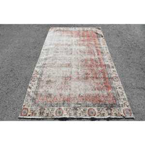 พรมขนาด 4.4x7.9 ฟุต, พรมวินเทจตุรกี, พรมขนสัตว์ลายเรขาคณิตสีแดงเทา - Product Image 1