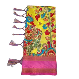 Diseño de Moda de Pichwai gadwal, estampado de Kalamkari pattu, saree suave, seda de pichwai gadwal con temática de impresión de Kalmkari