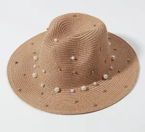 Topi matahari jerami topi kedok mutiara Trilby Jazz wanita Chap Femme pria Fedora musim panas Elope pantai topi jerami Panama topi pantai