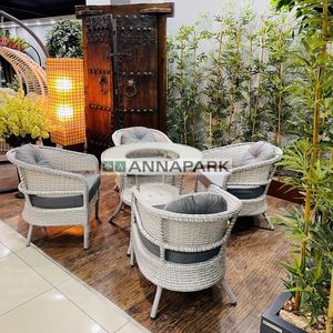 Annapark Lobby Rattan <b>Dining</b> <b>Table</b> <b>Set</b> (For Four) Light <b>Grey</b> / <b>Grey</b> - Product Image 1