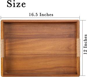 Bandeja rústica de madera maciza para servir y almacenar con asas envueltas en cuerda, acabado liso, para cocina, comedor, mesa de café, decoración del hogar. - Product Image 6