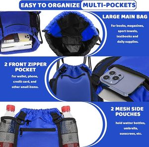 Logotipo personalizado impermeable deporte mochila con cordón bolsillos de malla con cremallera promocional natación baloncesto bolsa con cordón patrón sólido - Product Image 3